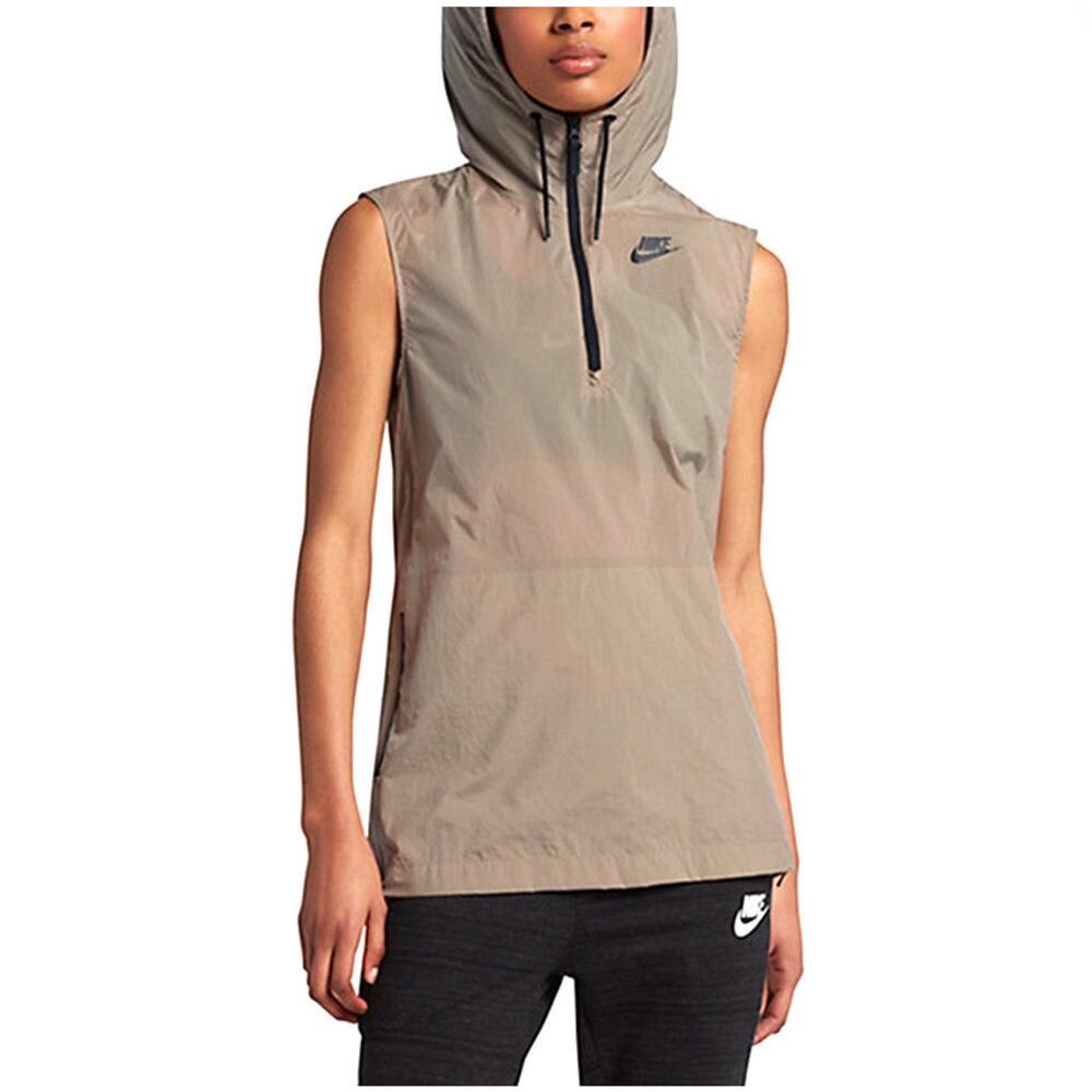 Nike Women’s Sleeveless Hooded Windbreaker Vest Beige Tan Mesh Lined Size M